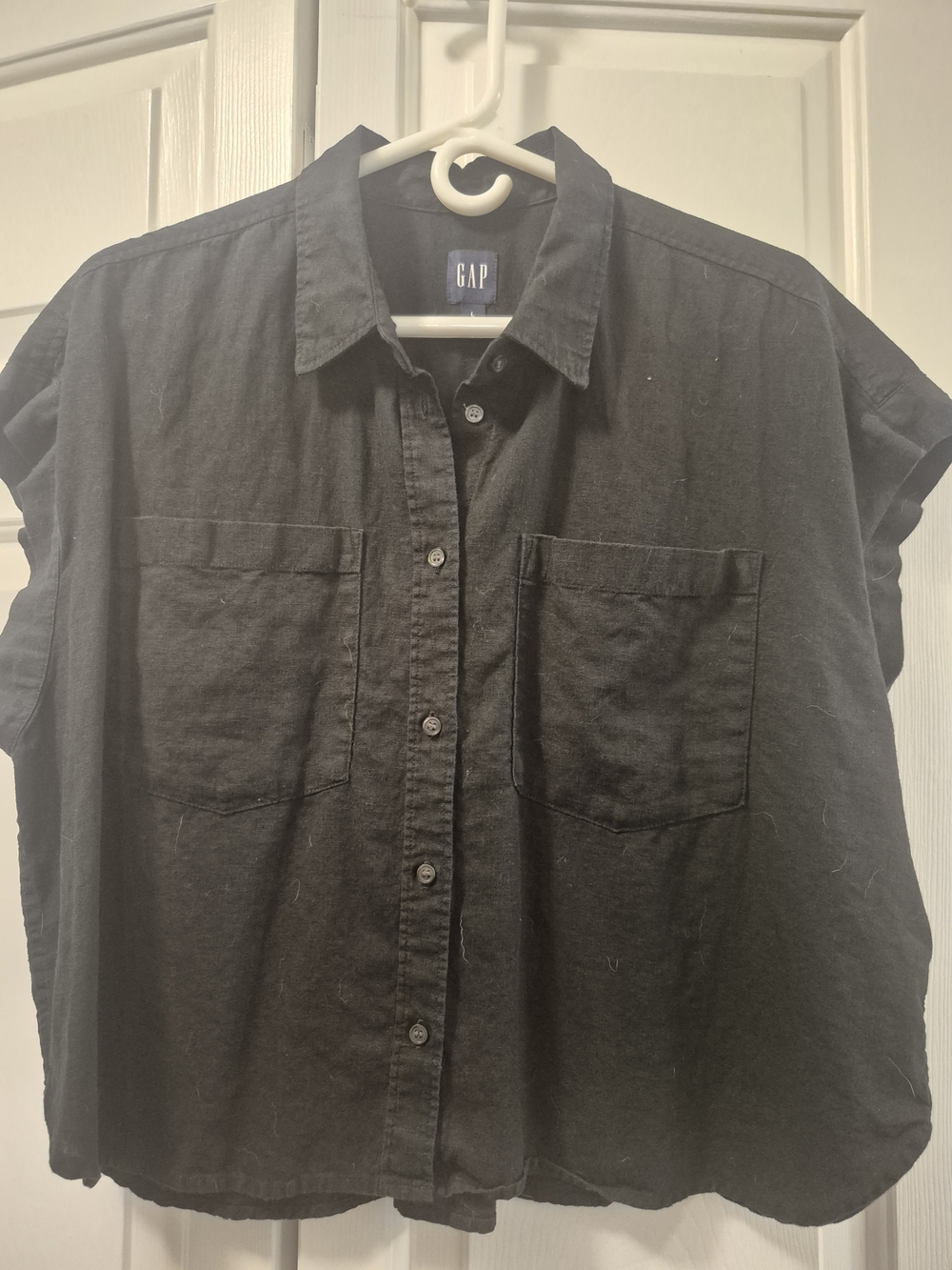 GAP Black Women's Short-Sleeve Button Front Linen Blouse, Sz Lg